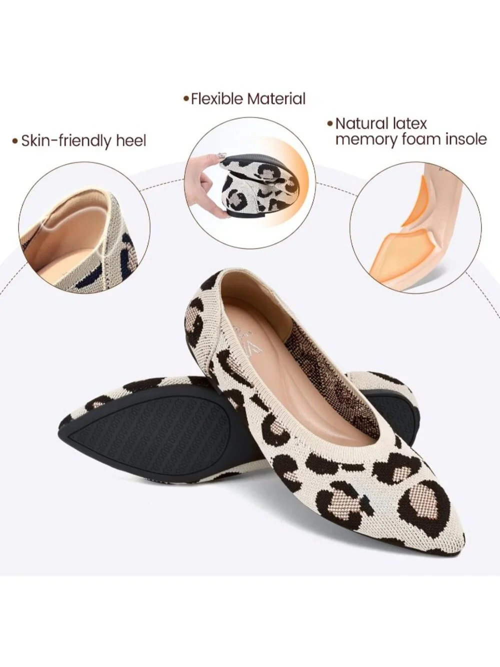 Women's Leopard  Pointed Toe Comfort Foldable Slip On Knit Ballet Flat Shoes